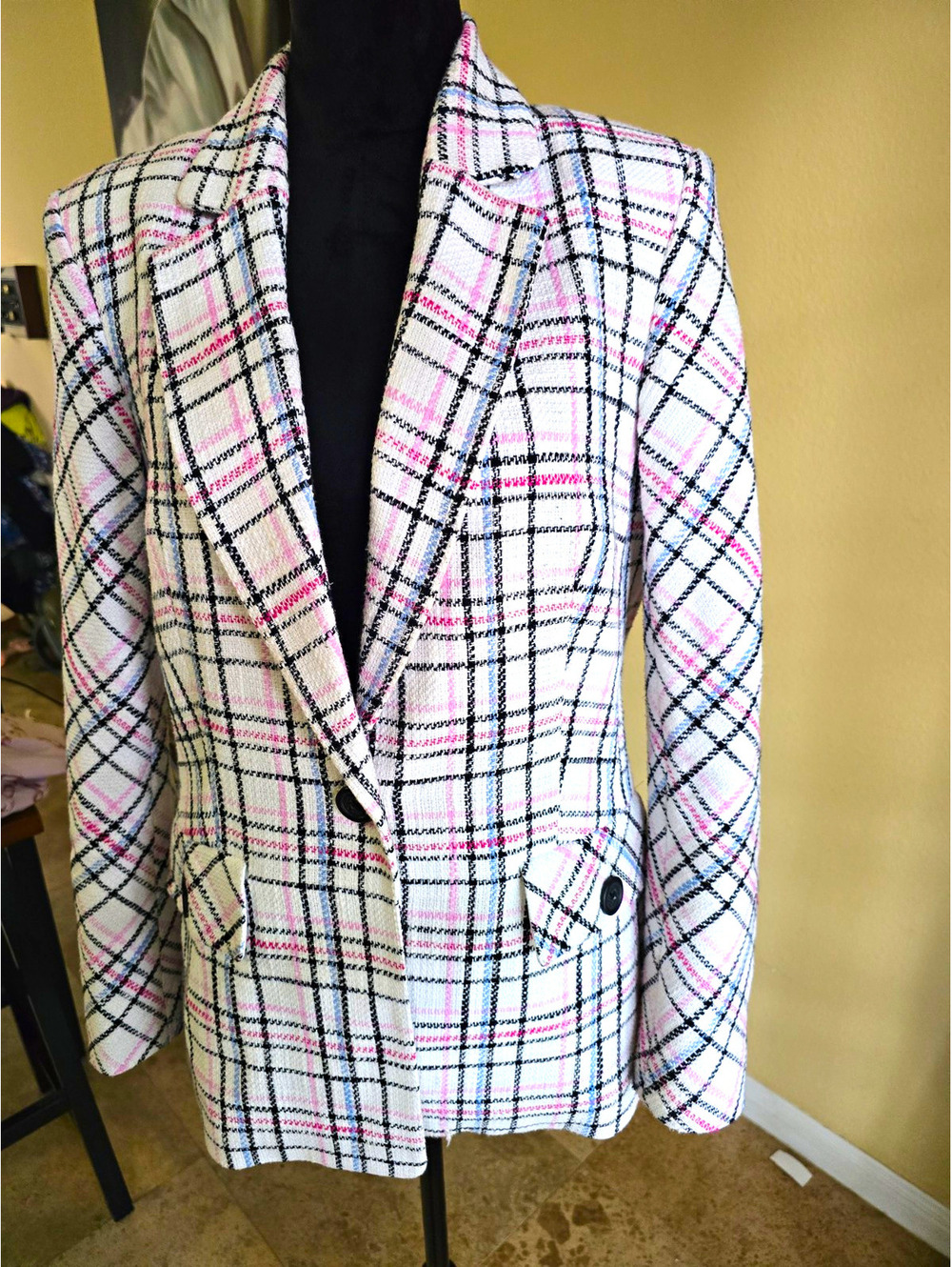 Karl Lagerfeld Paris Plaid Tweed Cotton Blazer Jacket Size 10 Pink Black White